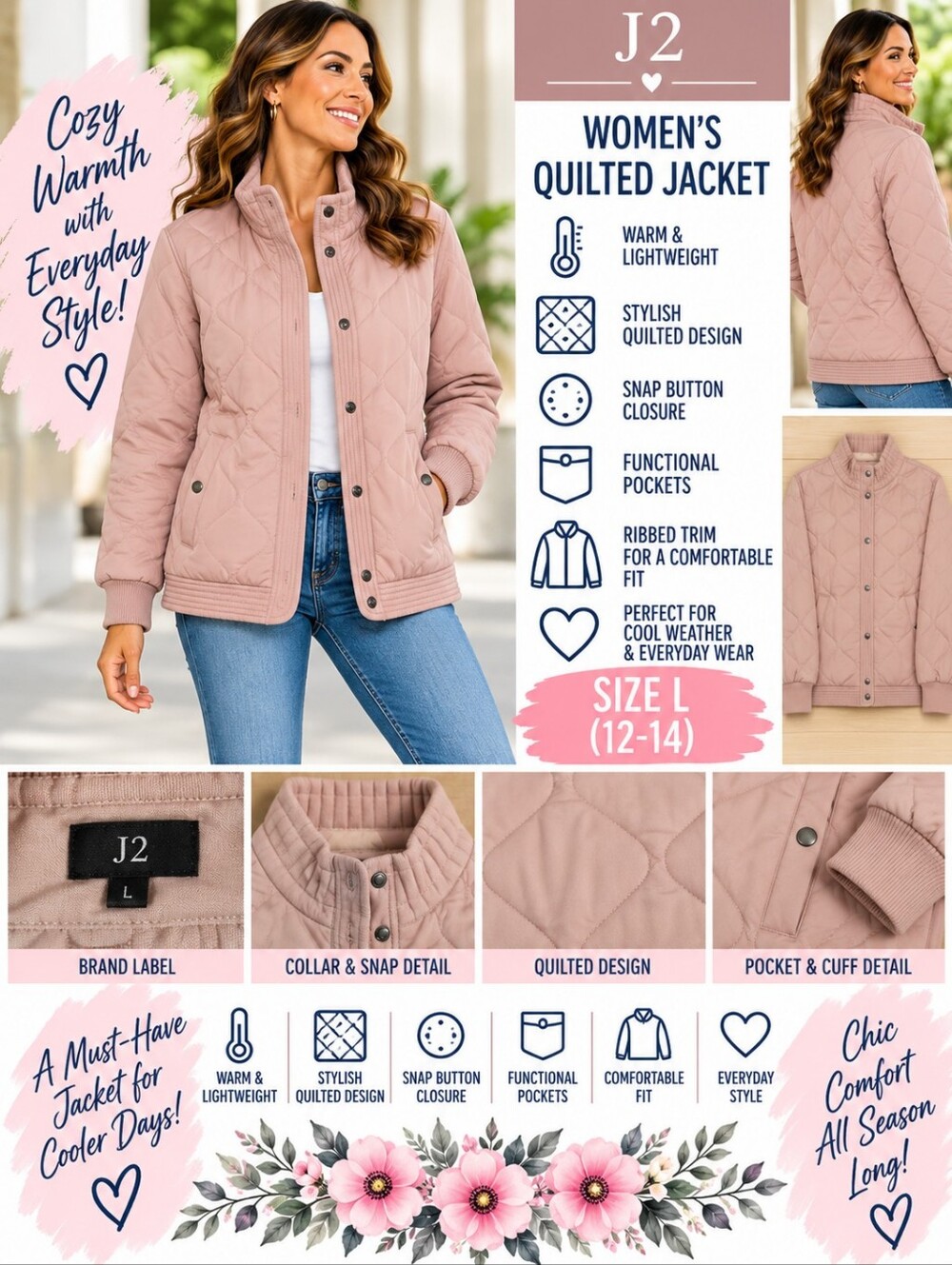 J2 women's size large pink snap button quilted jacket #35